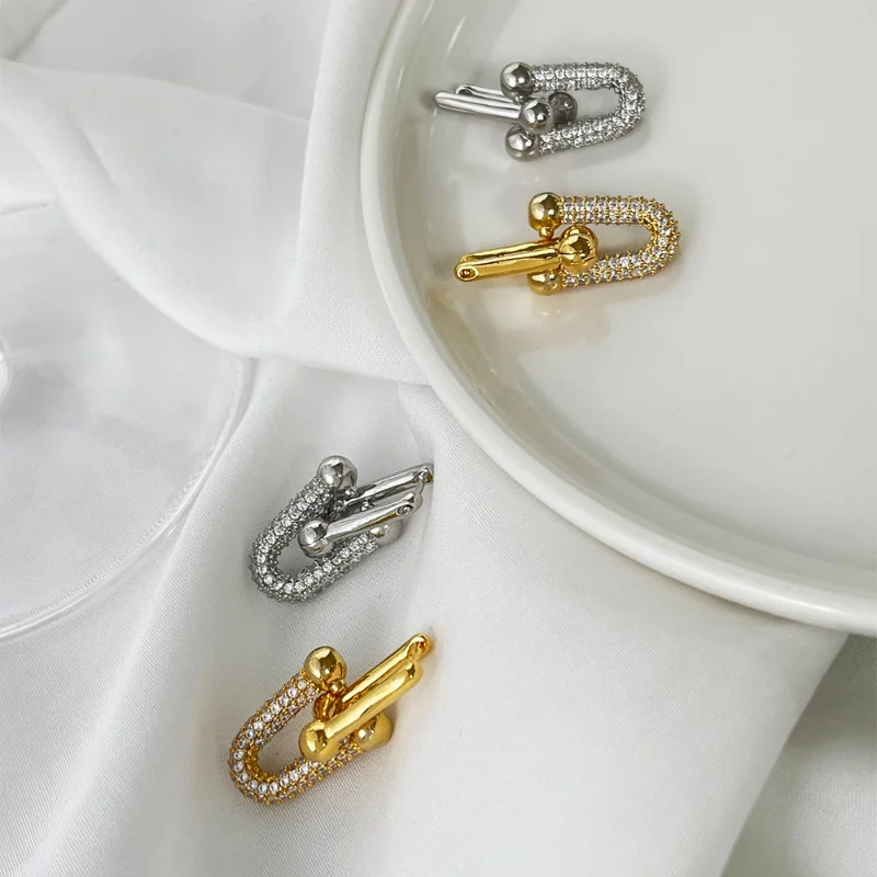 

ALLNEWME Statement Shiny CZ Cubic Zirconia U Shape Link Chain Hoop Earrings 14K Gold Plated Brass Chunky Earring for Women 2023