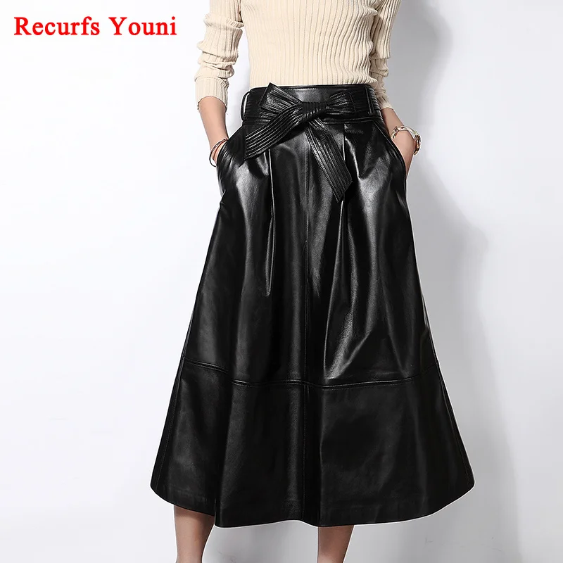 Chic Roupas Women Spring Luxury Genuine Leather Long Maxi Skirt Female Expansion Bottom Pocket Belt Bow Black Faldas Mujer Jupe
Chic Roupas Women Spring Luxury Genuine Leather Long Maxi Skirt Female Expansion Bottom Pocket Belt Bow Black Faldas Mujer Jupe