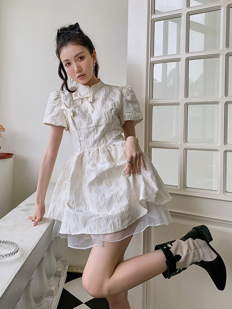 Jacquard Stand Collar A-line Folds Mini Dress For Women Short Puff Sleeve Bow Female Fashion Clothing 2022 Summer B379 
Jacquard Stand Collar A-line Folds Mini Dress For Women Short Puff Sleeve Bow Female Fashion Clothing 2022 Summer B379