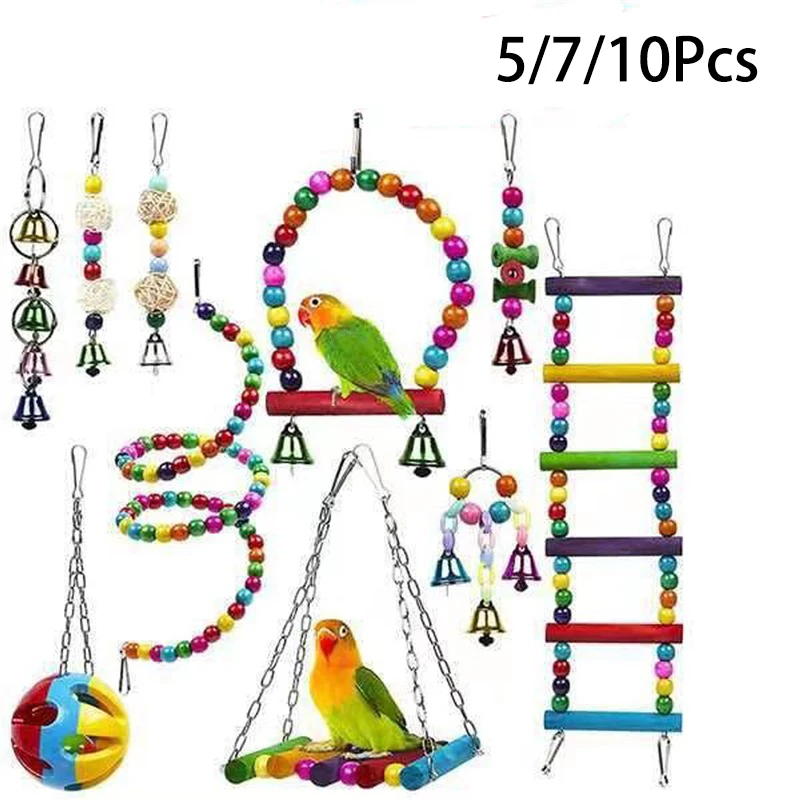 

Combination Bird Toys Set Swing Chewing Training Toys Small Parrot Hanging Hammock Parrot Cage Bell Perch Toys with Ladder Toys