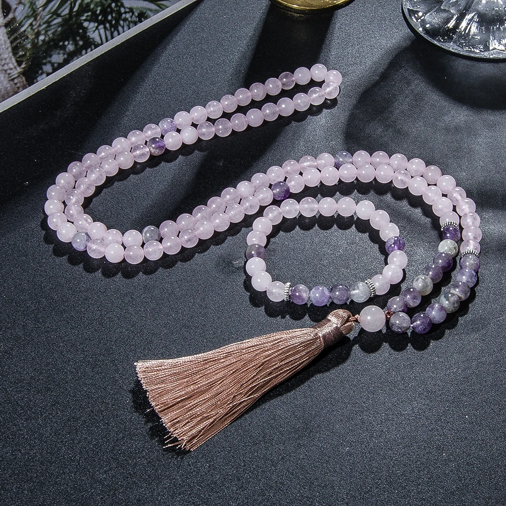 8mm Rose Quartz Amethyst Beaded Mala Necklace Meditation Yoga Prayer Rosary Women Fashion Tassel Jewelry Japamala Set
8mm Rose Quartz Amethyst Beaded Mala Necklace Meditation Yoga Prayer Rosary Women Fashion Tassel Jewelry Japamala Set