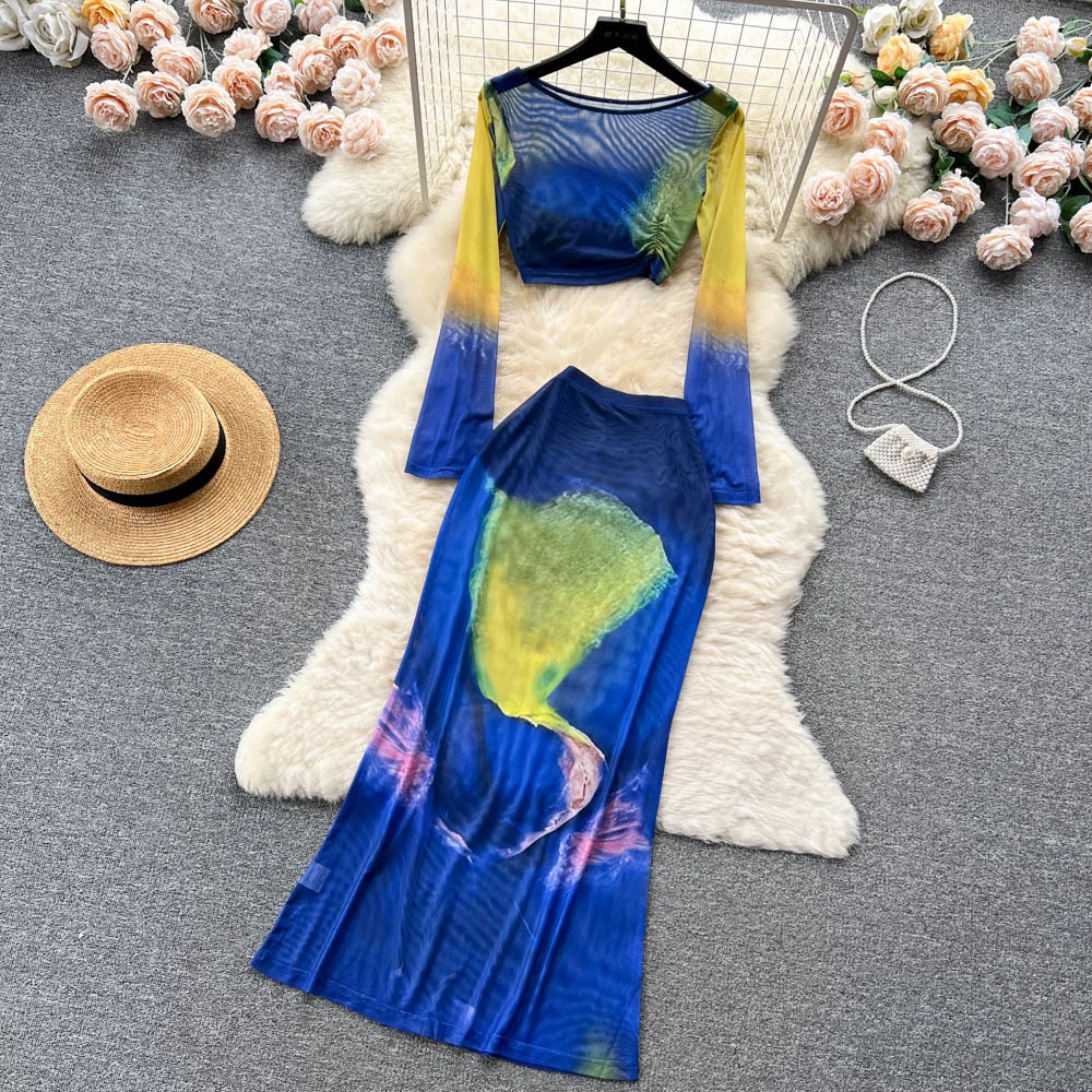 

Foamlina летний женский пляжный комплект из 2 предметов в стиле бохо, пикантный укороченный топ с круглым вырезом и длинным рукавом, с завышенной талией