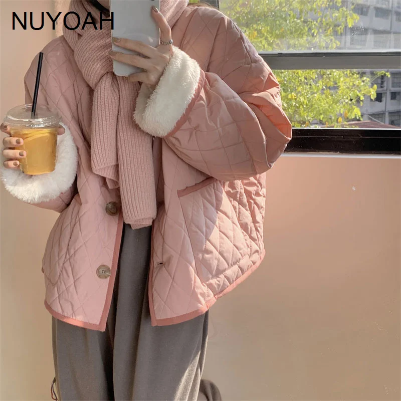 

Розовое пальто из шерсти ягненка и хлопка с ромбовидным узором, зимнее теплое плотное хлопковое пальто с длинным рукавом, женская одежда