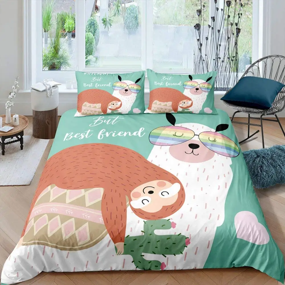 

Alpaca Duvet Cover Set Cute Sloth Comforter Cover Cactus Funny Animal Bedding Set Polyester Love Heart Cartoon Style Quilt Cover