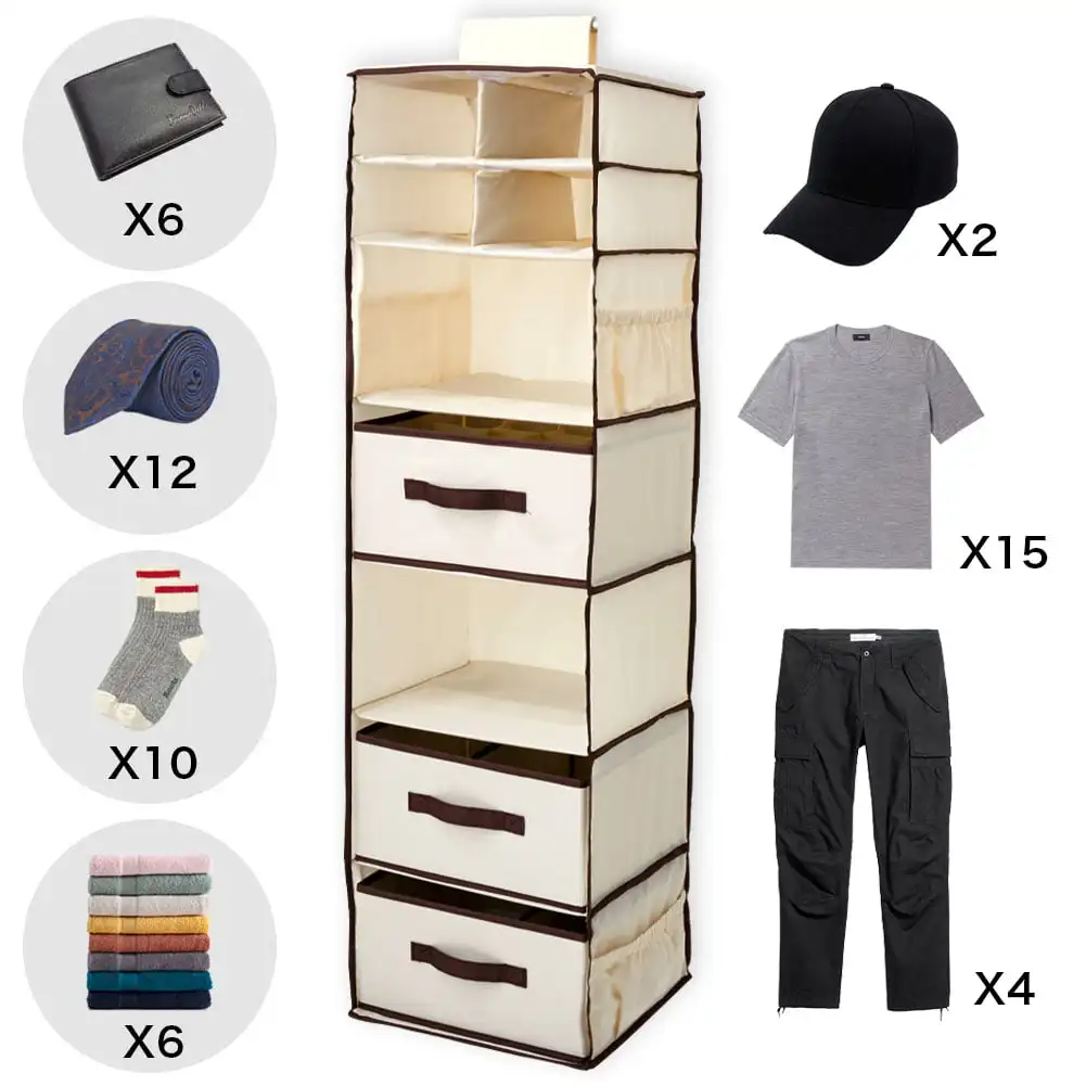 7 Tier Hanging Shelves, Closet Organizer Storage with 3 Customizable Drawers, 4 Side Pockets - Beige
7 Tier Hanging Shelves, Closet Organizer Storage with 3 Customizable Drawers, 4 Side Pockets - Beige