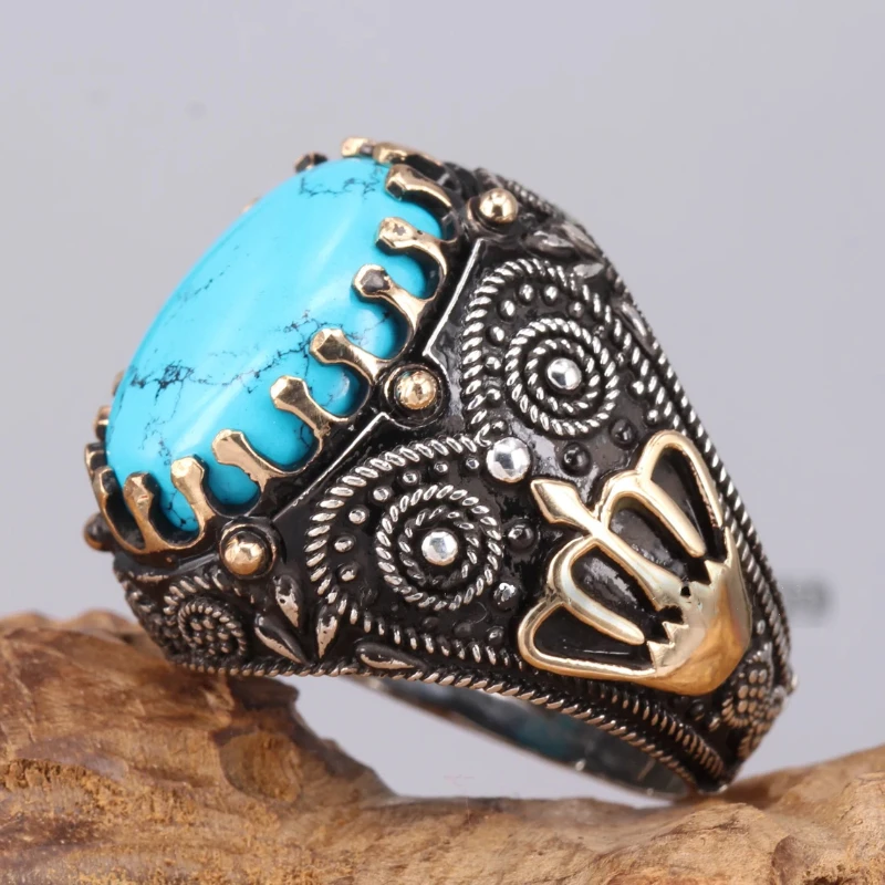 

New Blue Turquoise Men's Ring Personality Ring Fashion Temperament Cold Wind To Attend The Banquet Luxury High-quality Jewelry