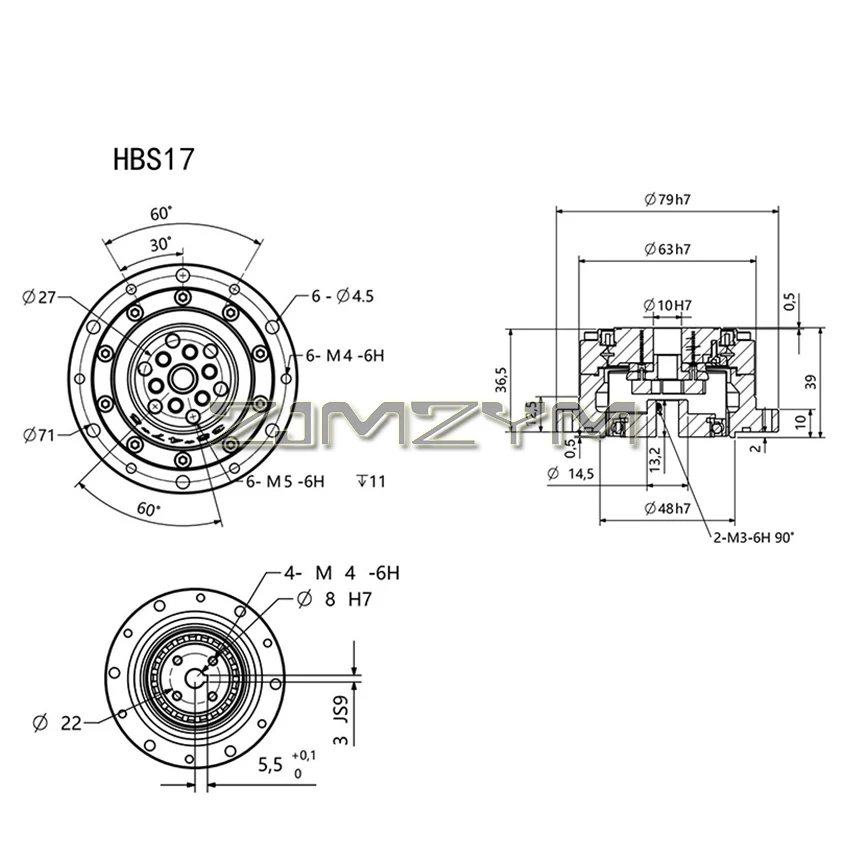 Гармонический редуктор HBS14/HBS17-30/50/80/100