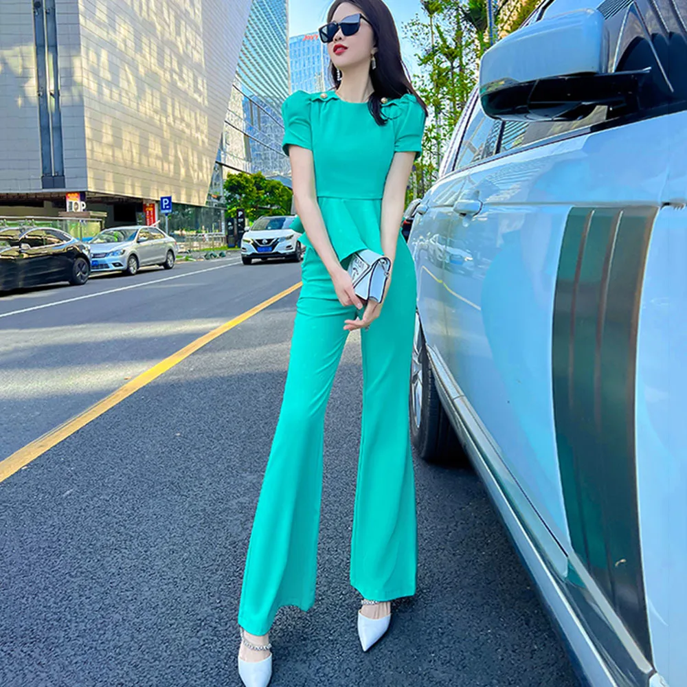 Fashio Pants Set Woman 2 Pieces Summer 2022 Puff Sleeve Irregular Ruffle Top High Waist Slim Flared Trousers Lady Work Wear Suit
Fashio Pants Set Woman 2 Pieces Summer 2022 Puff Sleeve Irregular Ruffle Top High Waist Slim Flared Trousers Lady Work Wear Suit