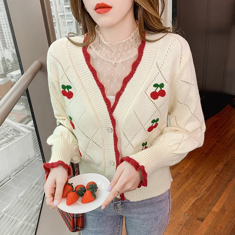 

Apricot Cherry Lace Knitted Cardigans New Sweet Girls V-Neck Loose Casual Sweaters Single Breasted Chic Spring Autumn Women Tops