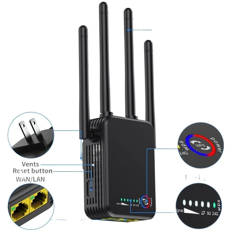 Wireless Wifi Repeater 1200Mbps 300Mbps Long Range Extender Router Wi-Fi Signal Amplifier 2.4G 5 GHZ Wi Fi Booster Access Point
Wireless Wifi Repeater 1200Mbps 300Mbps Long Range Extender Router Wi-Fi Signal Amplifier 2.4G 5 GHZ Wi Fi Booster Access Point