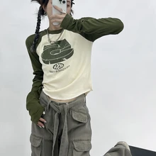 HOUZHOU Vintage Y2K Patchwork Green Tshirts Women Hippie Streetwear Long Sleeve T Shirts Female Kpop Retro Autumn Crop Tops