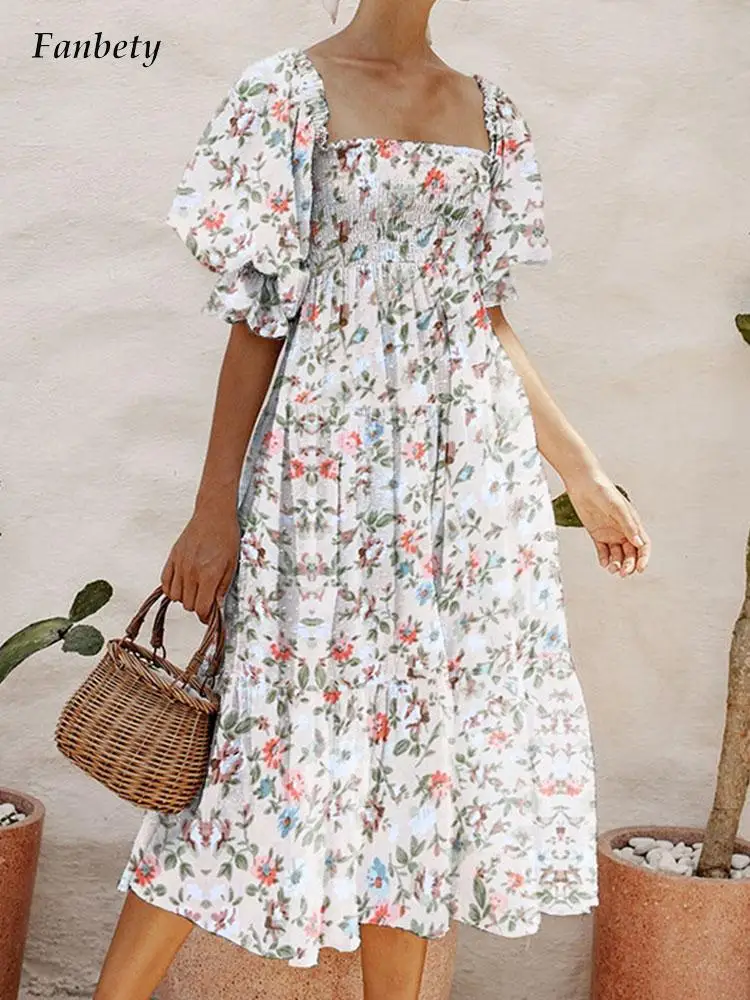 Elegant Square Collar Pleated Midi Dress New Fashion Floral Print Party Dress Summer Women Casual Puff Sleeve Loose Beach Dress 
Elegant Square Collar Pleated Midi Dress New Fashion Floral Print Party Dress Summer Women Casual Puff Sleeve Loose Beach Dress
