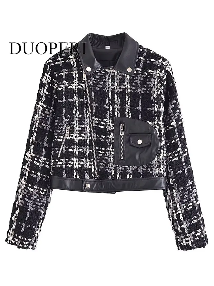 DUOPERI Women Fashion PU Patchwork Oblique Zipper Jackets Vintage Lapel Neck Long Sleeves Female Chic Lady Outfits
DUOPERI Women Fashion PU Patchwork Oblique Zipper Jackets Vintage Lapel Neck Long Sleeves Female Chic Lady Outfits
