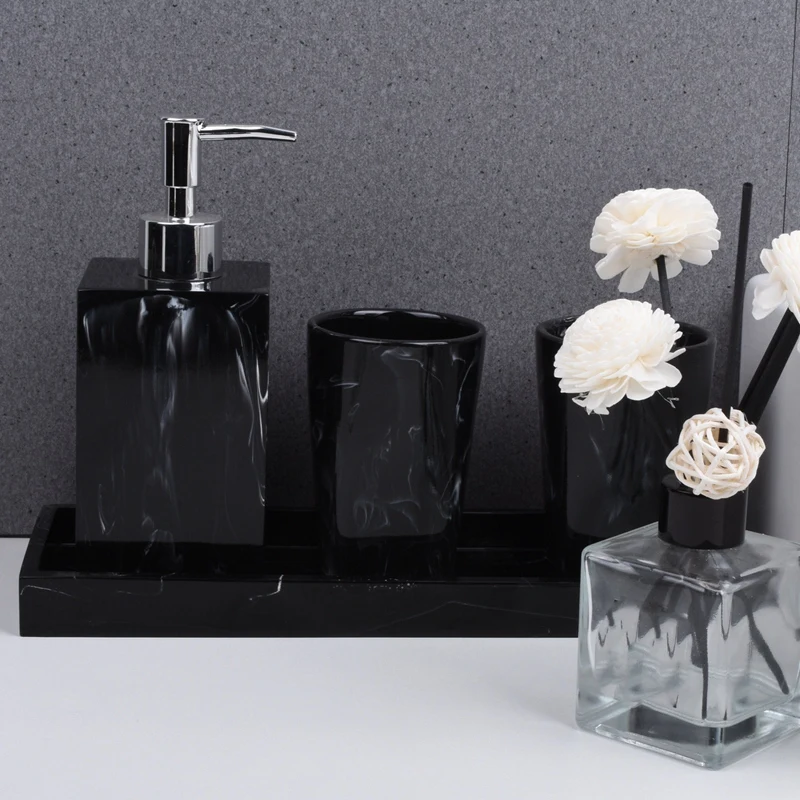 Toothbrush Holder Soap Dispenser Marble Texture Bathroom Supplies Black 4Pcs Resin Bathroom Accessories with Dispenser
Toothbrush Holder Soap Dispenser Marble Texture Bathroom Supplies Black 4Pcs Resin Bathroom Accessories with Dispenser