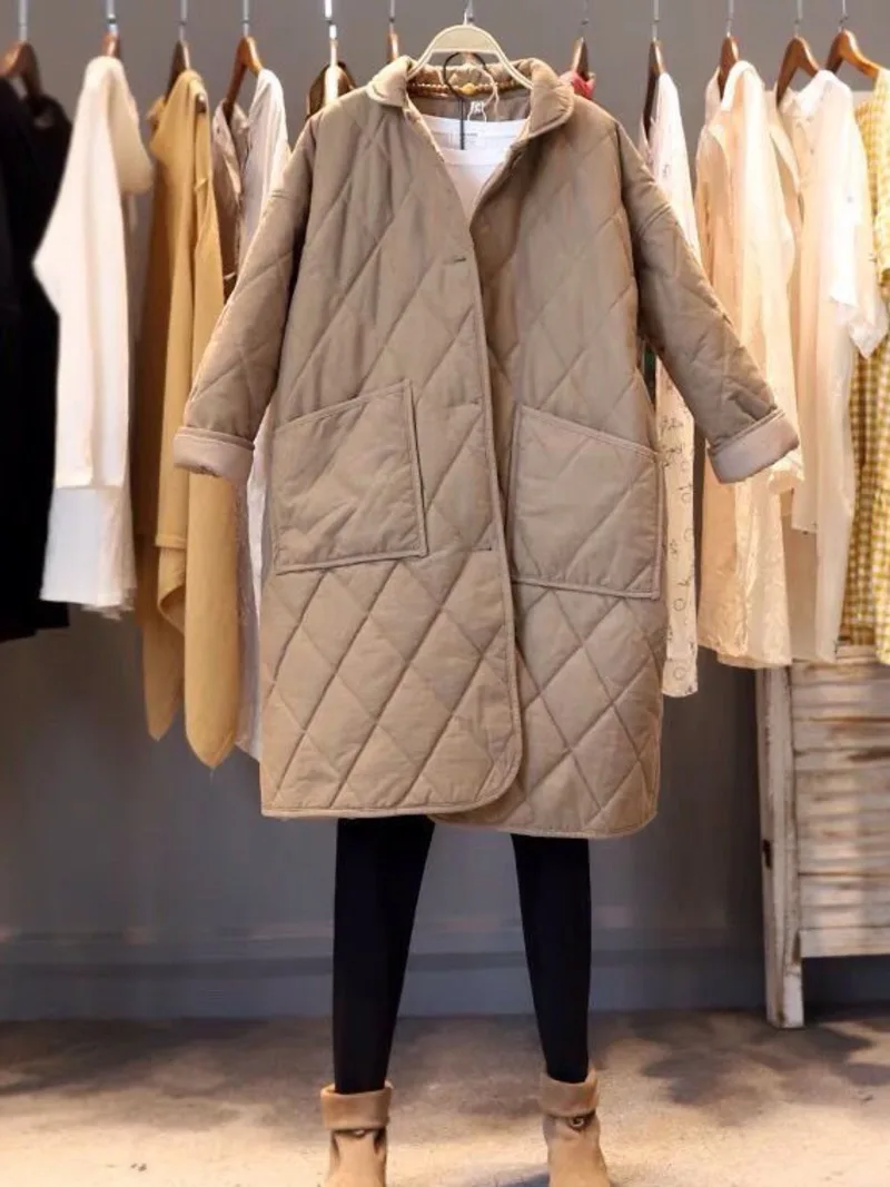 

Ветровка осенне-зимняя коллекция 2023 года, новое тонкое пальто из хлопка с ромбовидным узором, свободная легкая парка средней длины, женское Стеганое пальто