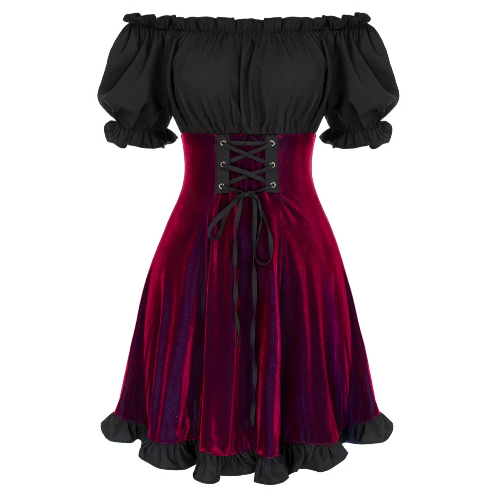 SD Women Contrast Fabric Skater Dress Short Sleeve Off Shoulder Ruffled Hem Dress Lace Up Renaissance Costume Pirate Peasant
SD Women Contrast Fabric Skater Dress Short Sleeve Off Shoulder Ruffled Hem Dress Lace Up Renaissance Costume Pirate Peasant