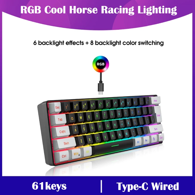 

61 Keys USB Wired Gaming Keyboards Compact Mini Office Keyboard for PC and Desktop Computer Keypad RGB Backlit Keyboard