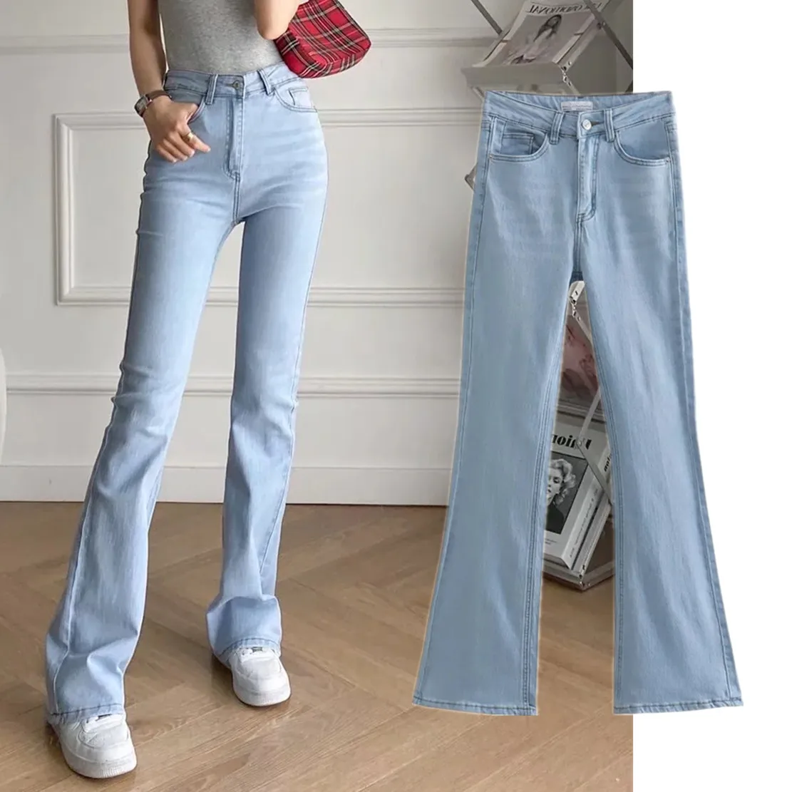 Maxdutti Casual Elastic Cotton Denim Pants Women 2023 American Vintage Style Washed Light Blue High Waist Skinny Flare Jeans
Maxdutti Casual Elastic Cotton Denim Pants Women 2023 American Vintage Style Washed Light Blue High Waist Skinny Flare Jeans