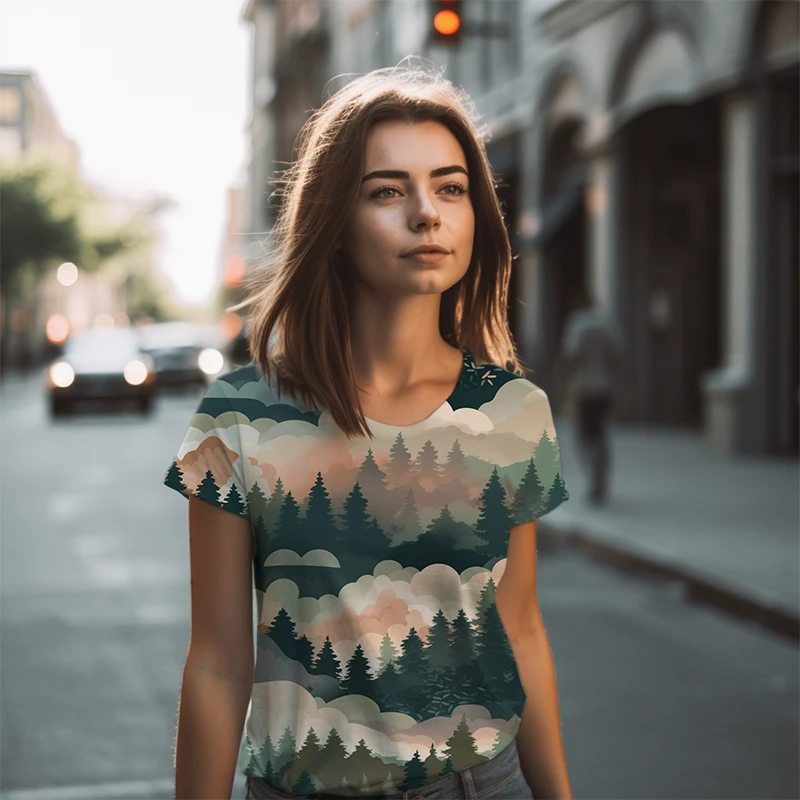 Женские уличные популярные футболки, летняя простая Мягкая футболка, свободная повседневная футболка с коротким рукавом, футболка с 3D-принтом леса
