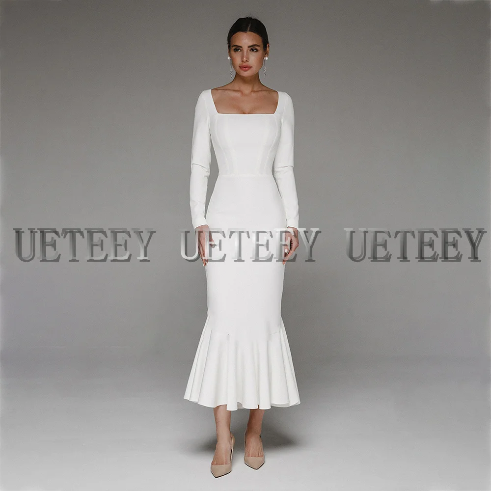 Simple Mermaid Wedding Dress Jersey Square Neck Long Sleeves Zipper Back 2023 Tea-Length With Ruffle Romantic Vestido De Noiva
Simple Mermaid Wedding Dress Jersey Square Neck Long Sleeves Zipper Back 2023 Tea-Length With Ruffle Romantic Vestido De Noiva