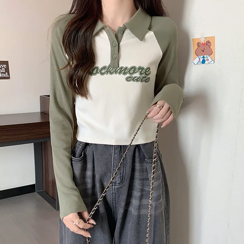 American Retro Women Spring Autumn T-shirt Turn Down Collar Letter Contrast Long Sleeve Short Pullover Spicy Girl Streetwear
American Retro Women Spring Autumn T-shirt Turn Down Collar Letter Contrast Long Sleeve Short Pullover Spicy Girl Streetwear