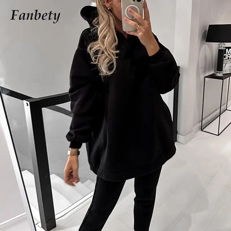 

Lady Casual Loose Hooded Pullover Tracksuit Fashion Long Sleeve Sweatshirt Hoodie And Skiny Pants Outfits Solid Women Sports Set