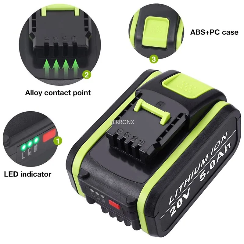 WX550 20V 5000mAh Lithium Rechargeable Replacement Battery for Worx Power Tools WA3551 WA3553 WX390 WX176 WX178 WX386 WX678
WX550 20V 5000mAh Lithium Rechargeable Replacement Battery for Worx Power Tools WA3551 WA3553 WX390 WX176 WX178 WX386 WX678
