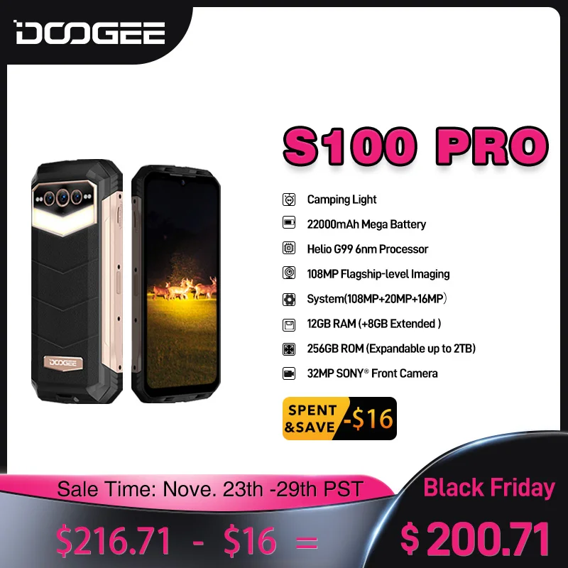 

DOOGEE S100 Pro Rugged Phone 6.58" 120Hz FHD Display Helio G99 6nm Octa Core 108MP AI Triple Camera 22000mAh Camping Light Phone