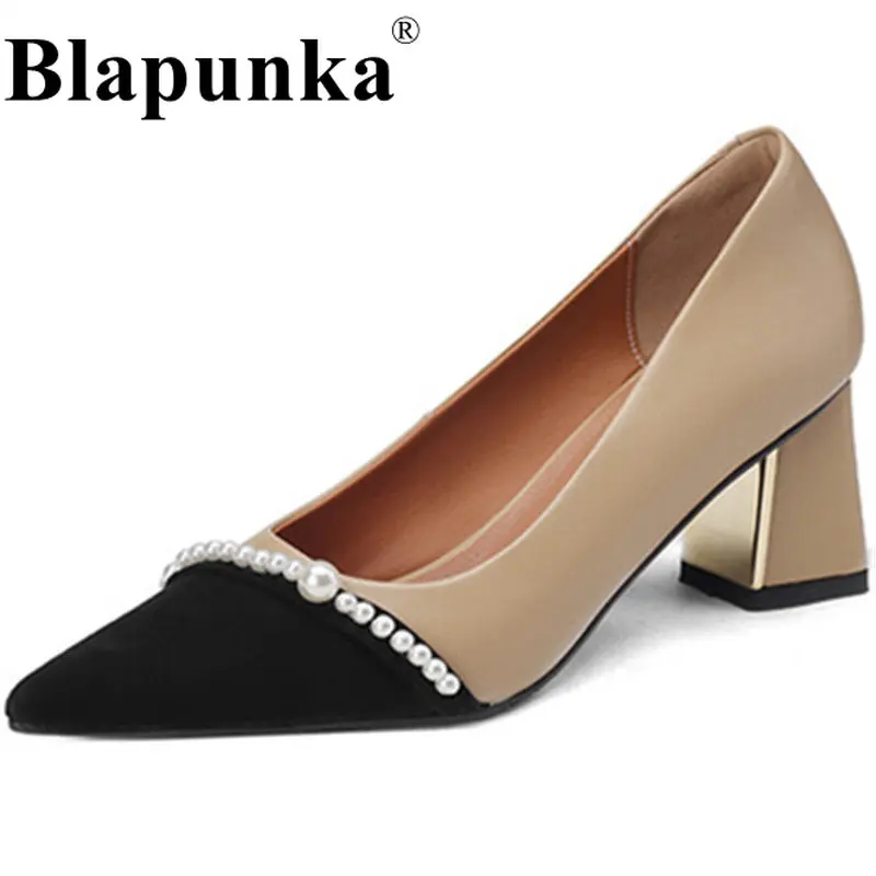 

Blapunka Genuine Leather Block Heels Shoes Women Kid Suede Patchwork Luxury Pearls Pointy Toe Slip-ons Shallow Nude Pumps Office