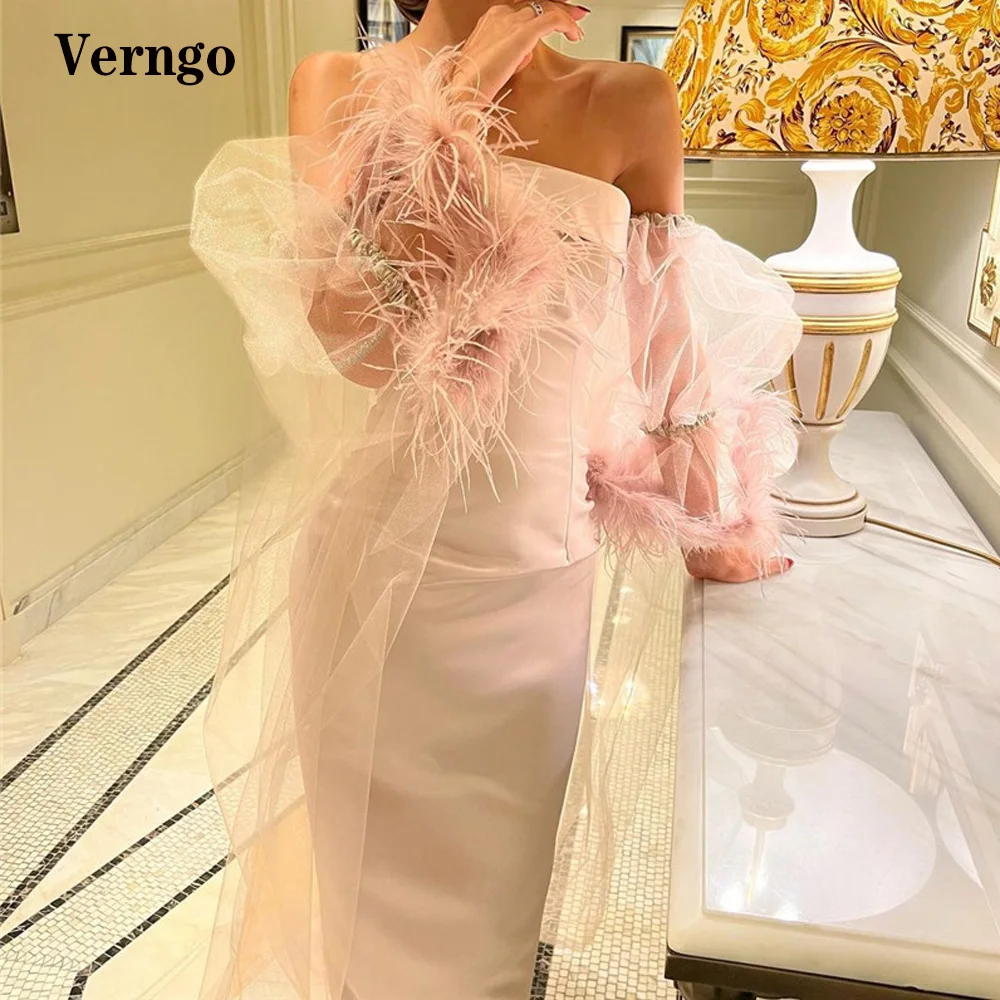 Verngo Baby Pink Satin Evening Dresses Puff Long Sleeves Feathers Floor Length Prom Gowns Saudi Arabic Formal Party Dress
Verngo Baby Pink Satin Evening Dresses Puff Long Sleeves Feathers Floor Length Prom Gowns Saudi Arabic Formal Party Dress