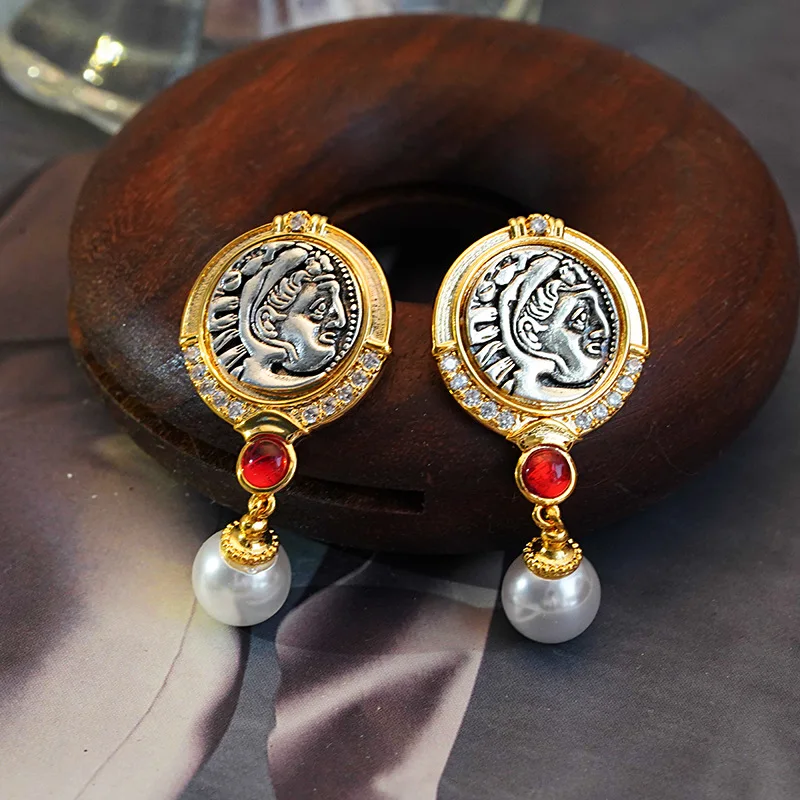 

court portrait women's niche design exquisite embossed coin earrings luxury advanced vintage jewelry