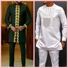 2023 New Mens Suit Top Trousers 2-piece Set Solid Color Round Neck Embroidery Long Sleeve Suit Wedding African Ethnic Style