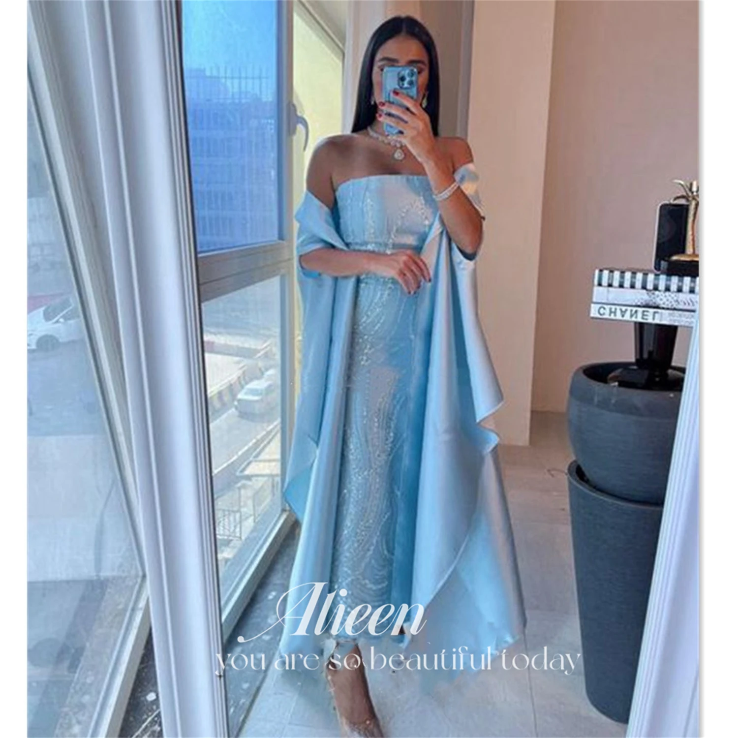 Aileen Sexy Off Shoulder Party Dress Light Blue Knee length Evening Dress Sequins Evening Dress Silk Satin Prom Dress فستان سهرة
Aileen Sexy Off Shoulder Party Dress Light Blue Knee length Evening Dress Sequins Evening Dress Silk Satin Prom Dress فستان سهرة