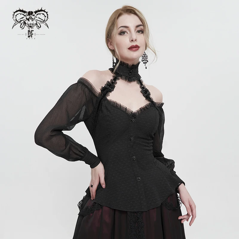 

Steel Master Nightclub Gothic Victoria Women's Shirt Shirt Long Sleeve Standing Neck Lace Chiffon Sexy Black