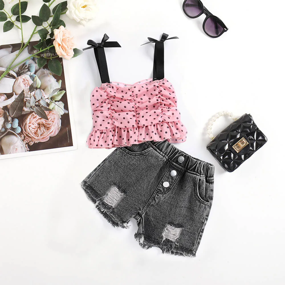 Baby Girl Clothes Sets 2022 Summer New Kids Girls Cute Sling Polka Dot Top Denim Shorts Two Piece Set Children's Outfits 2-6 Y
Baby Girl Clothes Sets 2022 Summer New Kids Girls Cute Sling Polka Dot Top Denim Shorts Two Piece Set Children's Outfits 2-6 Y