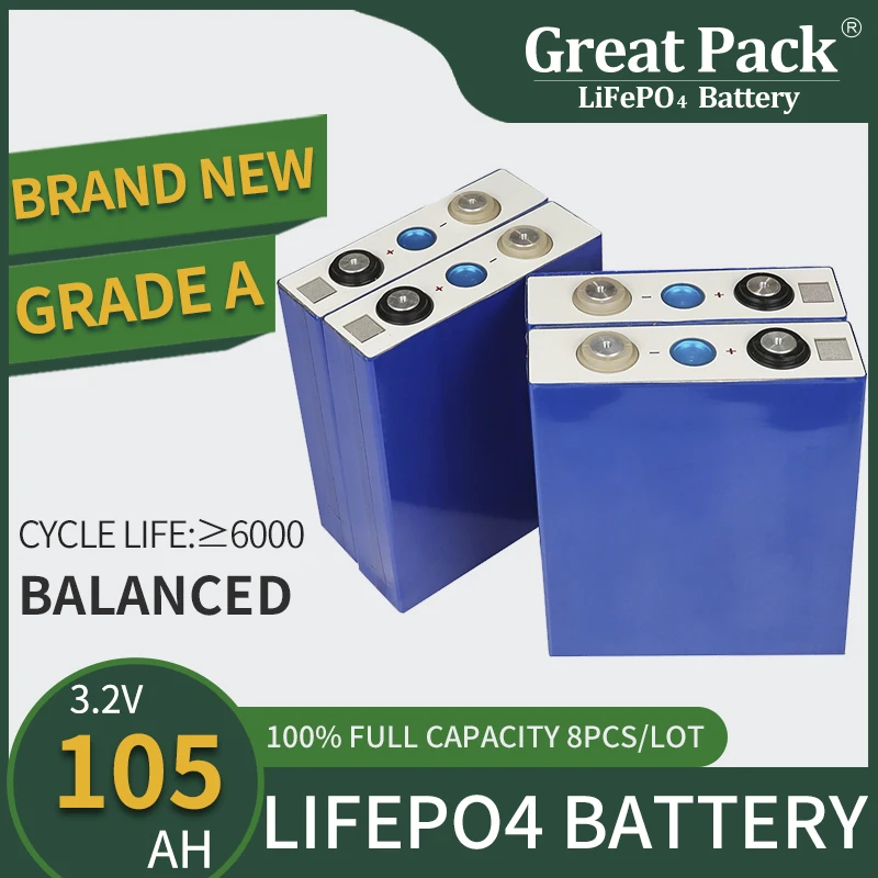 

Аккумуляторная батарея глубокого цикла для домашнего хранения энергии LiFePO4 3,2 в 100% Ач 8 шт. перезаряжаемый литий-ионный аккумулятор полной емкости