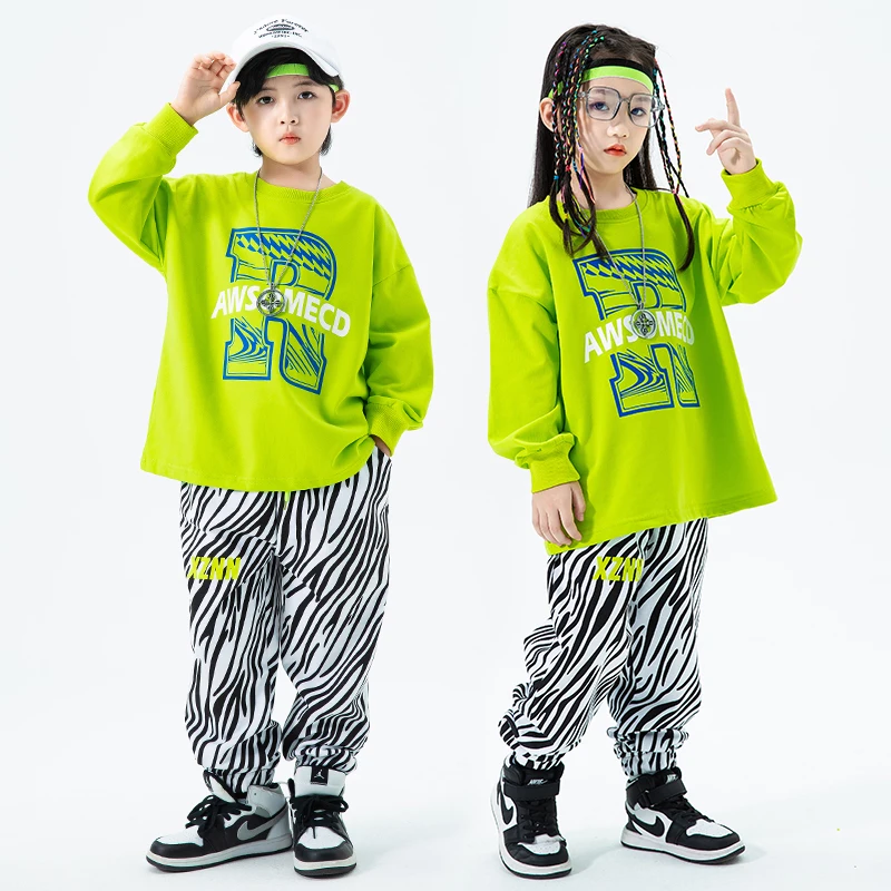 

Kids Ballroom Outfits Hip Hop Clothing Sweatshirt Tops Zebra Jooger Pants For Girl Boy Jazz Dance Costume Teenage Kpop Clothes