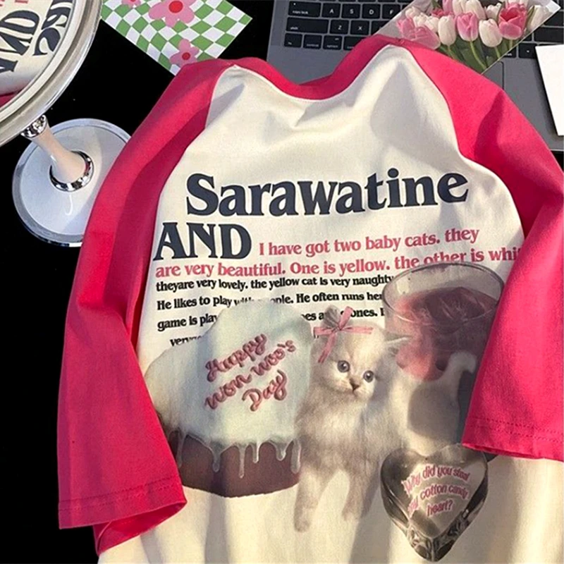 Contrast Raglan Sleeves American Preppy Tops Food Cat Cute T Shirts Hip Hop Kawaii Summer Short Sleeve Tee Loose Teenage Clothes
Contrast Raglan Sleeves American Preppy Tops Food Cat Cute T Shirts Hip Hop Kawaii Summer Short Sleeve Tee Loose Teenage Clothes