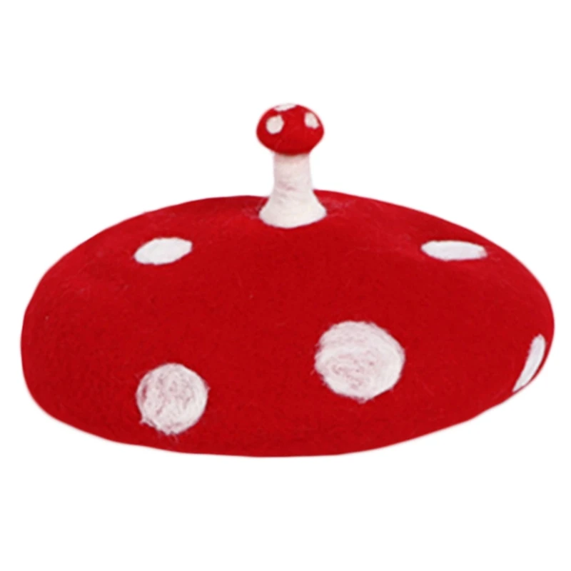 

Women Kids Novelty Cute Small Mushroom Red Beret Handmade Faux Felt Wool White Point Vintage French Artist Painter Beanie