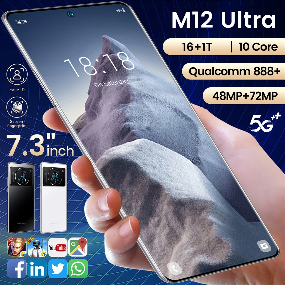 M12 Global Version Mobile Phone 7.3 Inch 5G Smartphone 16G+1TB Cellular 7300mAh Mobile Phone HD 50MP Unlocked Dual SIM Card Phon
M12 Global Version Mobile Phone 7.3 Inch 5G Smartphone 16G+1TB Cellular 7300mAh Mobile Phone HD 50MP Unlocked Dual SIM Card Phon