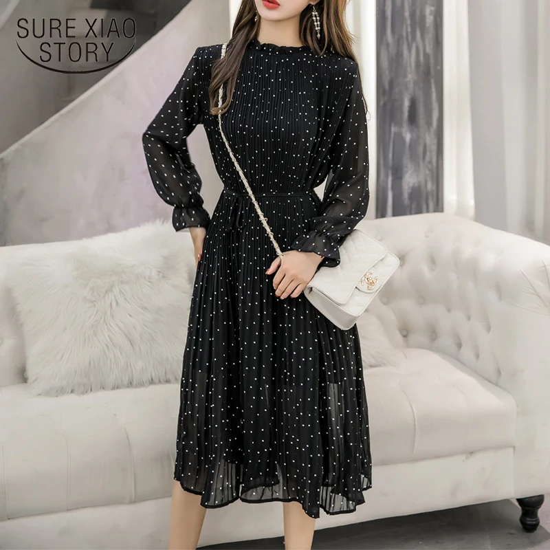 Женское винтажное шифоновое платье Черное длинное плиссированное в горошек с