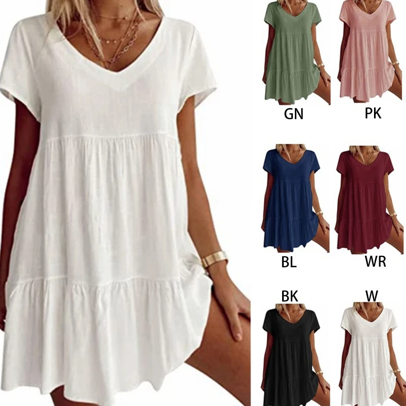 

Sexy V-Neck Swing Tunic Mini Dress Female Summer Short Sleeve Loose Dress Solid Pleated Ruffle Flowy Hem Casual Beach Sundress