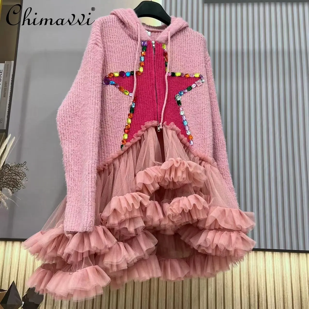 

Thai Fashion Designer Trend Loose Knitted Coat Women 2022 Winter Sweet Colorful Crystals High-End Mesh Stitching Hooded Sweater