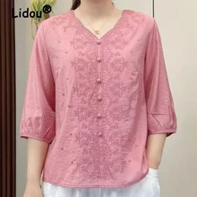 Womens Clothing Vintage Ethnic Style Embroidery Elegant Blouses Summer V Neck Half Sleeve Loose Shirts Ladies Cotton Linen Tops
