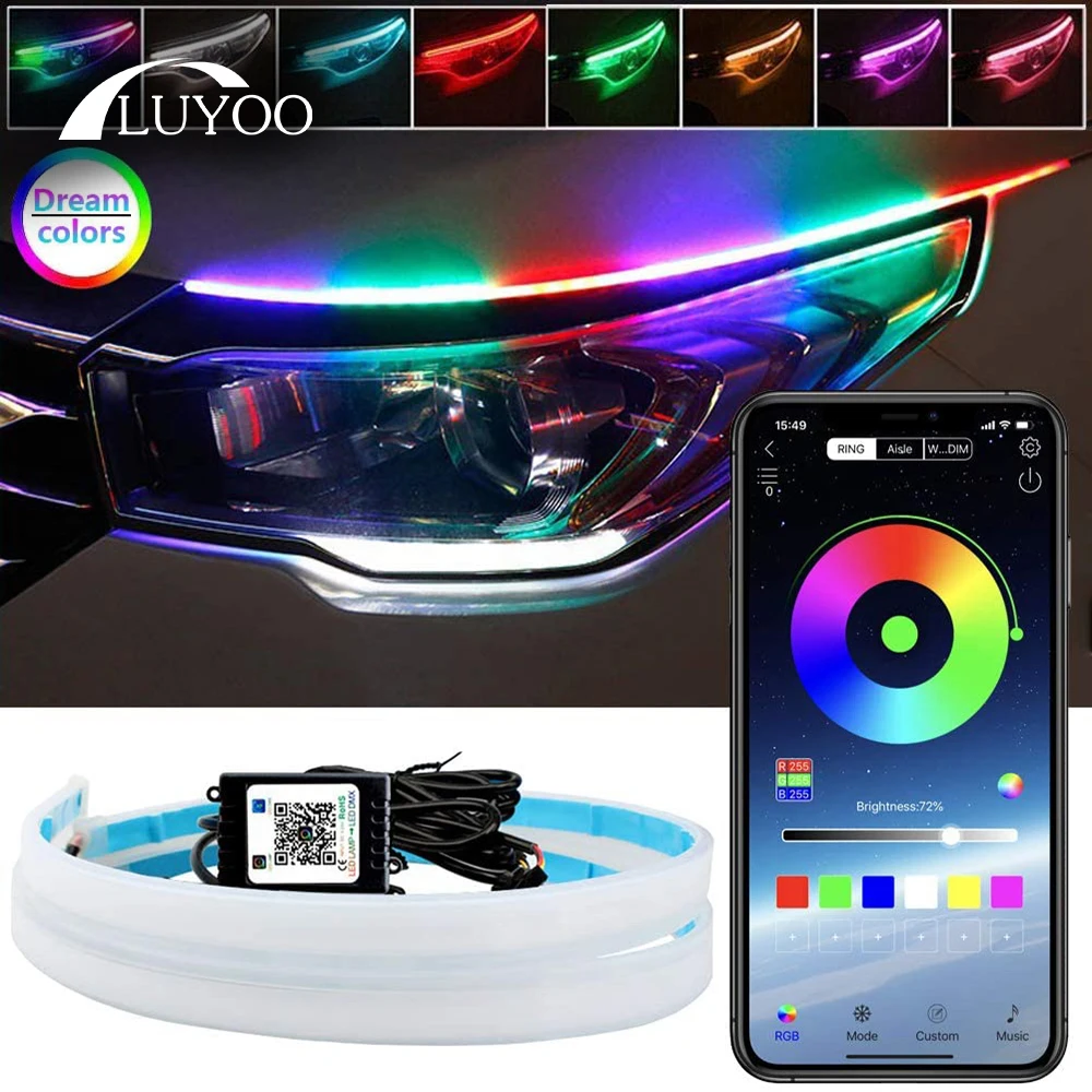 

Luyoo 1 пара неоновых плавных светодиодных лент DRL, поворотники, лампа с дистанционным управлением, RGB, гибкие дневные ходовые огни для автомоби...