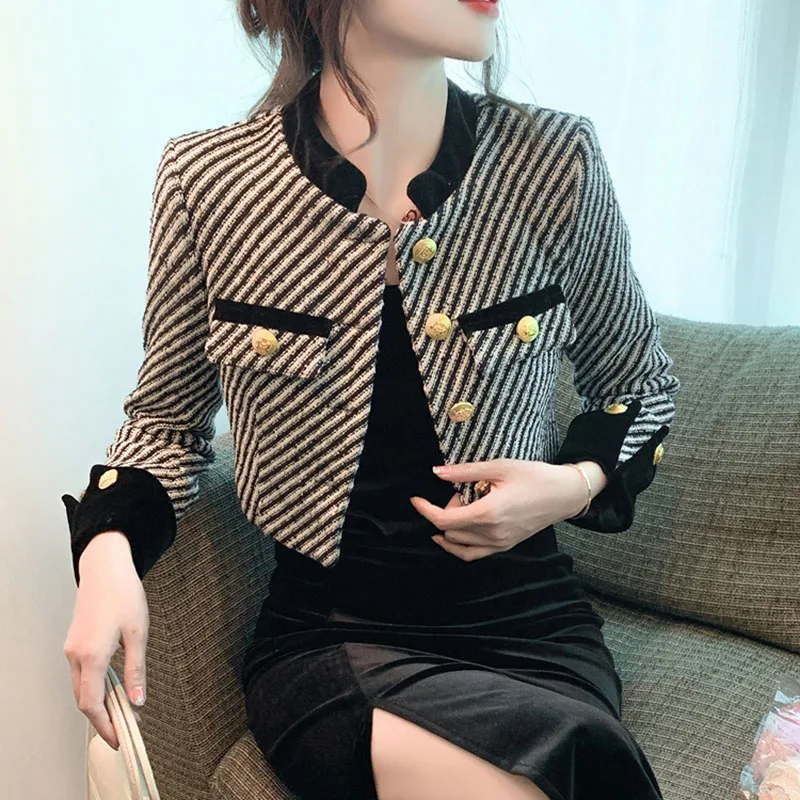 

Sandro Rivers Ladies Aristocratic and Elegant Style of Short Striped Jacket For Autumn Black and White Twill Coat