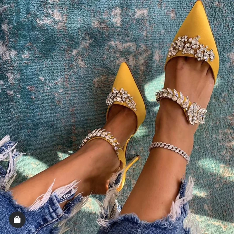 

satin Lurum pumps dazzle crystal Mules ankle straps Slip-on Pointed Toe Stiletto Rhinestone Sandals for Women high heels shoes