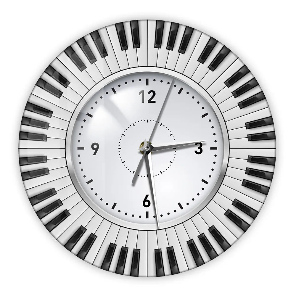 

Черно-белая круглая клавиатура для пианино, современные дизайнерские настенные часы для музыкальной записи, музыкальной комнаты, домашний декор, бесшумные настенные часы