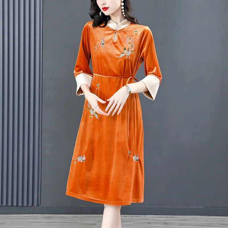 

Женское бархатное платье с вышивкой на талии, Осеннее элегантное оранжевое теплое платье в Корейском стиле, свободное плотное зимнее платье, новинка 2022