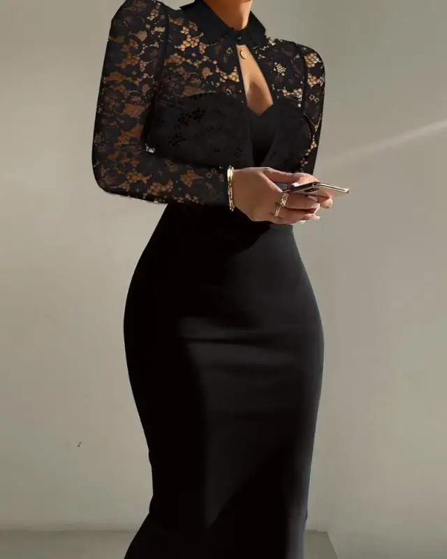 Contrast Lace Long Sleeve Cutout Bodycon Dress Sexy Party Turn-down Collar Elegant Dresses for Women
Contrast Lace Long Sleeve Cutout Bodycon Dress Sexy Party Turn-down Collar Elegant Dresses for Women